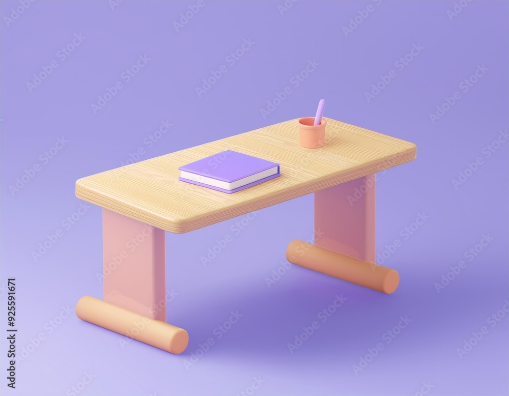 Fototapeta premium 3D simple wooden desk with a purple book and a pencil holder, 3D illustration