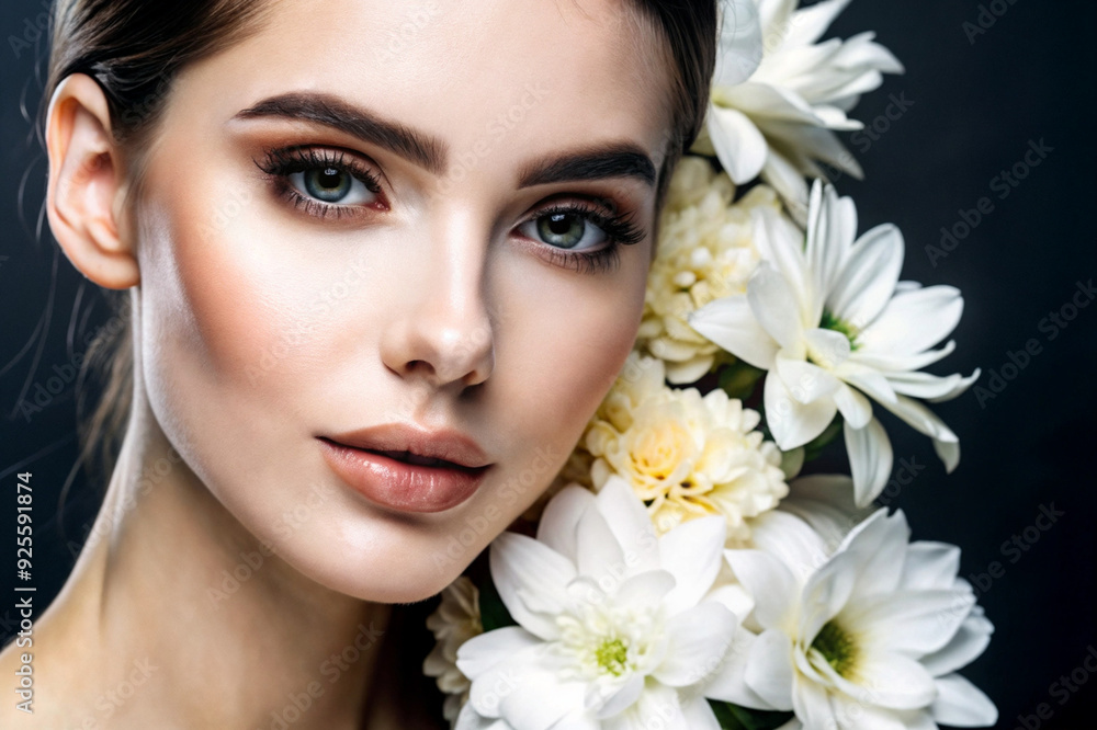 A graceful portrait of a model surrounded by delicate white flowers, captured in a soft, ethereal light with a striking focus on her serene expression. Generative AI A graceful portrait of a model surrounded by delicate white flowers, captured in a soft, ethereal light with a striking focus on her serene expression. Generative AI