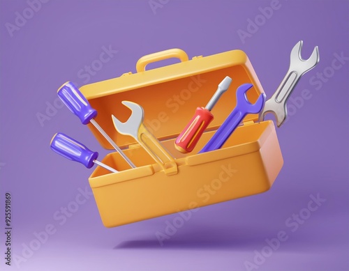 3D yellow toolbox with screwdrivers and wrenches spilling out, 3D illustration