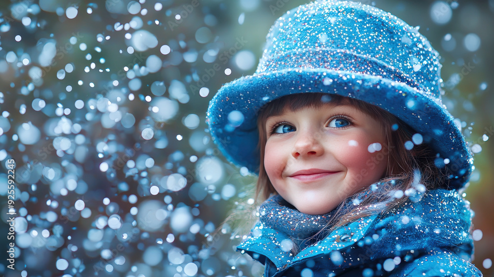 Child in a blue hat enjoying snowfall in winter Child in a blue hat enjoying snowfall in winter