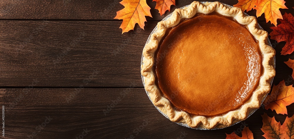 Delicious pumpkin pie displayed on a rustic wooden table, surrounded by vibrant autumn leaves, perfect for seasonal celebrations. Delicious pumpkin pie displayed on a rustic wooden table, surrounded by vibrant autumn leaves, perfect for seasonal celebrations.