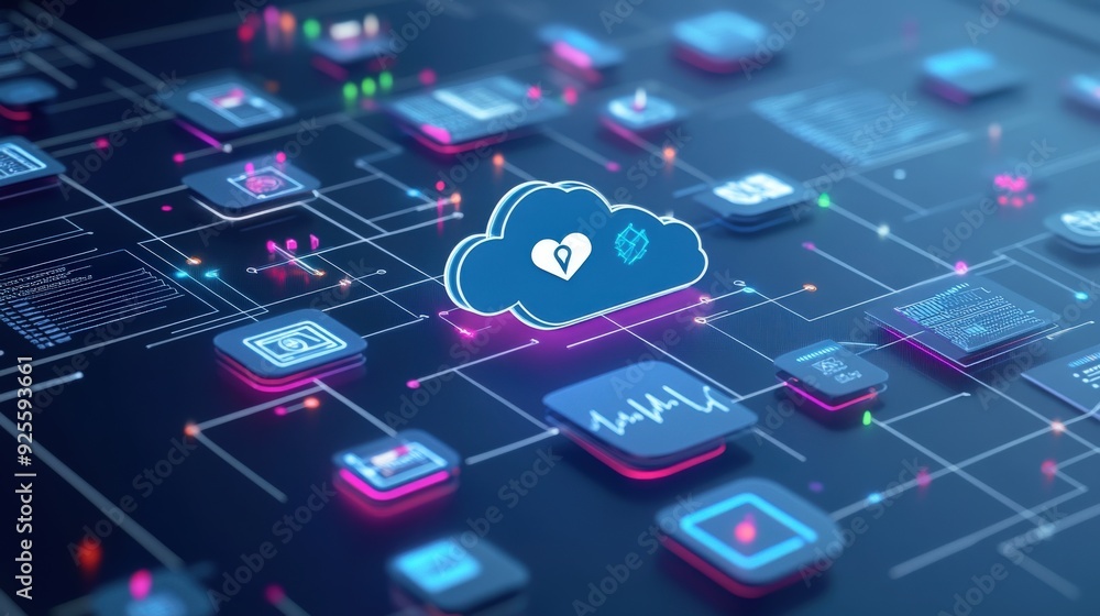 Medical records stored on a cloud-based system, with icons representing secure and accessible healthcare data