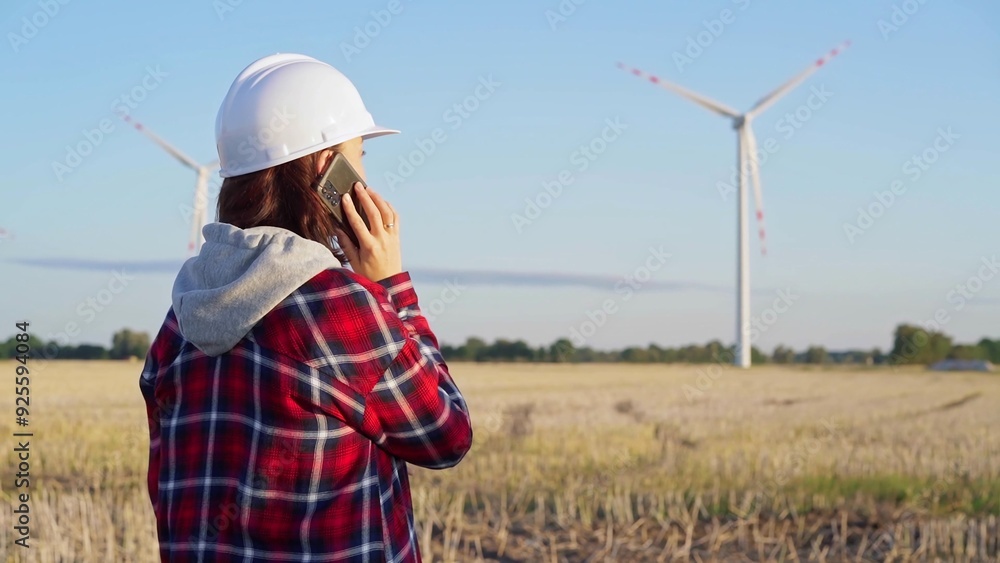 Woman engineer is talking on a smartphone in a field with wind turbines as the sun sets. Concept of clean energy and engineering audit Woman engineer is talking on a smartphone in a field with wind turbines as the sun sets. Concept of clean energy and engineering audit