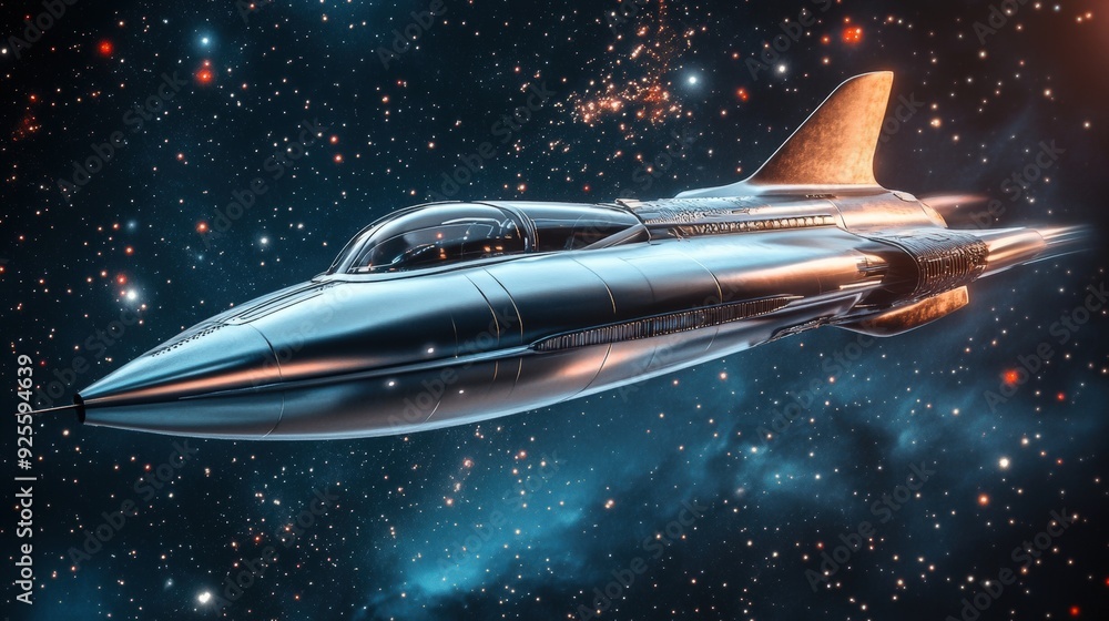Retro-futuristic spaceship with sleek chrome design and fins, soaring through a starry sky reminiscent of 1950s sci-fi Retro-futuristic spaceship with sleek chrome design and fins, soaring through a starry sky reminiscent of 1950s sci-fi