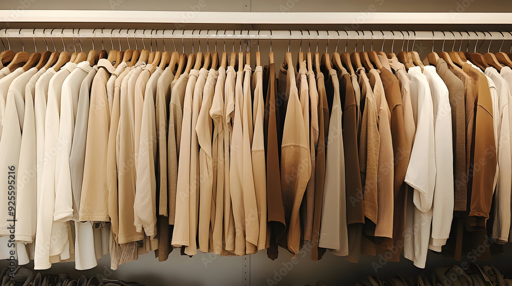 A neatly organized clothing rack displaying neutral-toned shirts. A neatly organized clothing rack displaying neutral-toned shirts.