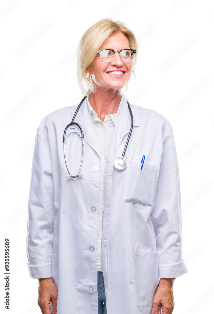 Middle age blonde doctor woman over isolated background smiling looking side and staring away thinking. Middle age blonde doctor woman over isolated background smiling looking side and staring away thinking.