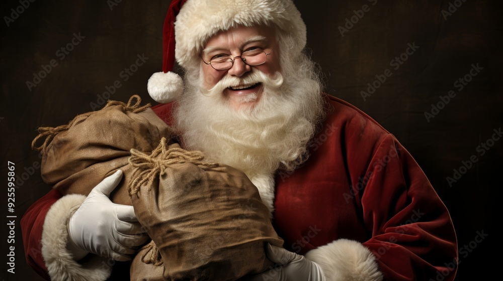 Santa claus with a large bag of colorful christmas presents for festive holiday gift giving Santa claus with a large bag of colorful christmas presents for festive holiday gift giving