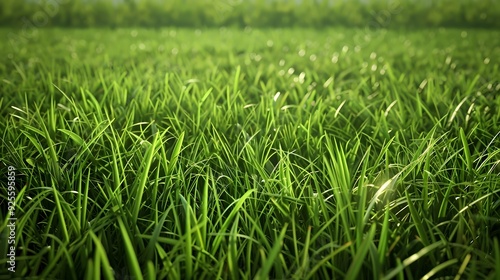 Lush green grass blades, slightly wet, in a sunlit field, glistening with morning dew and soft light, stretching toward a distant, blurred background.