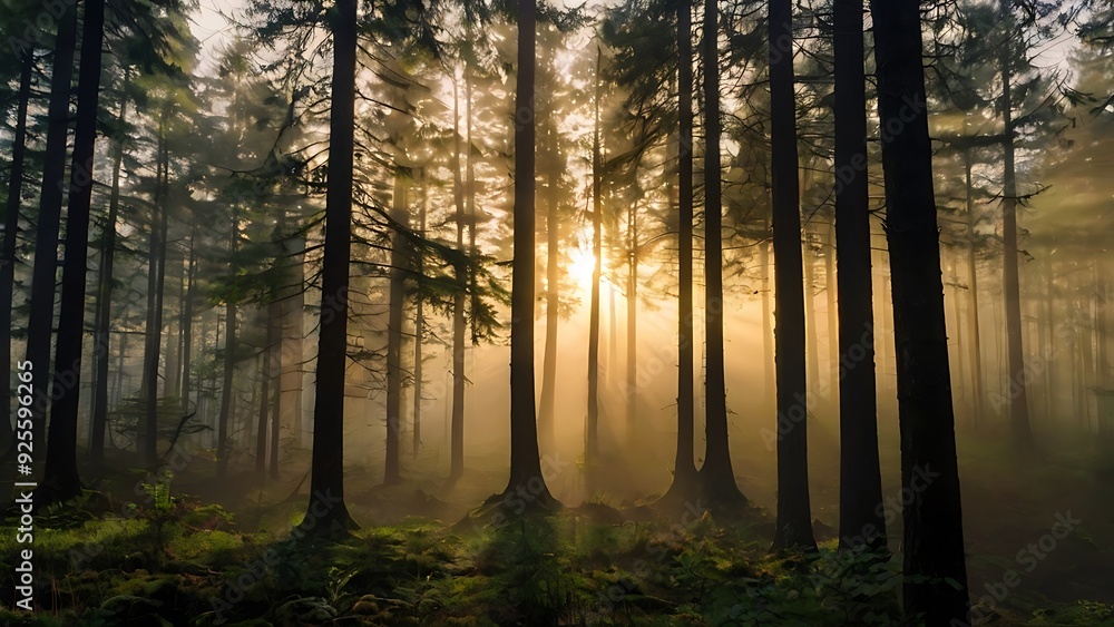 Foggy landscape view of forest covered in mist, aerial scene jungle evening sunset tall trees Foggy landscape view of forest covered in mist, aerial scene jungle evening sunset tall trees
