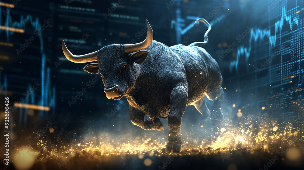 illustration of running bull representing bull market on crypto gold ...