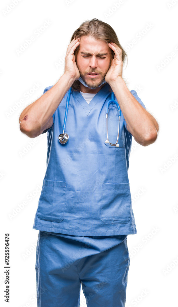 Young handsome doctor man with long hair over isolated background with hand on head for pain in head because stress. Suffering migraine. Young handsome doctor man with long hair over isolated background with hand on head for pain in head because stress. Suffering migraine.