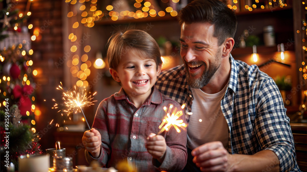 father and son with sparklers in christmas decorated living room at home father and son with sparklers in christmas decorated living room at home
