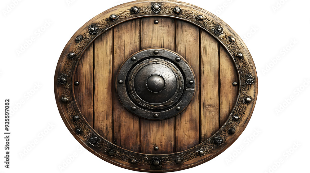 A round wooden shield with metal accents, designed for protection in combat. A round wooden shield with metal accents, designed for protection in combat.