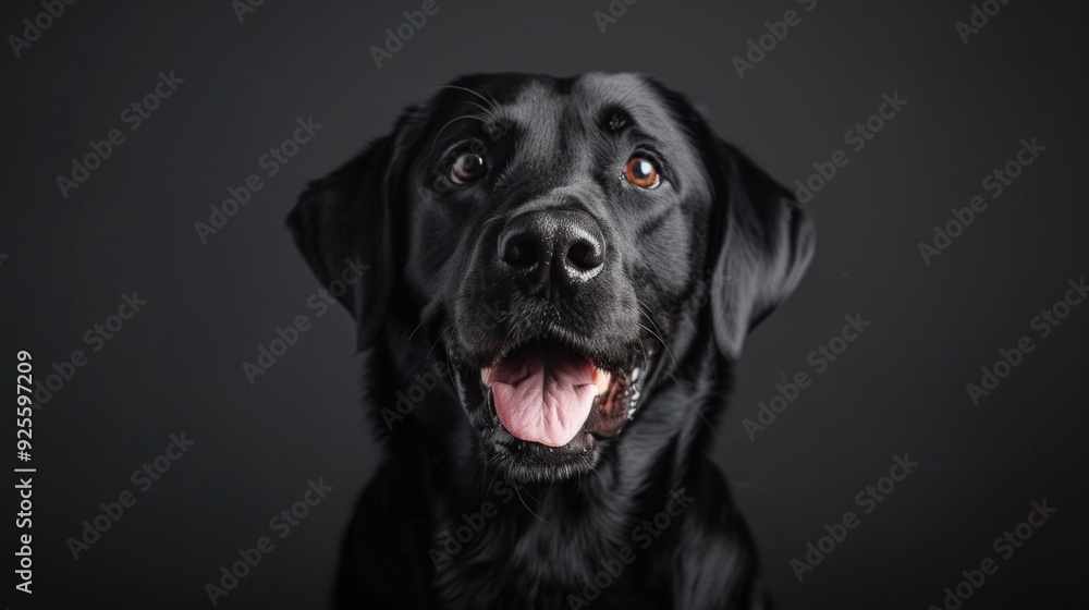 A joyful black labrador retriever with a happy expression. The dog’s shiny coat gleams against a dark background. This captivating portrait highlights loyalty and companionship. AI A joyful black labrador retriever with a happy expression. The dog’s shiny coat gleams against a dark background. This captivating portrait highlights loyalty and companionship. AI