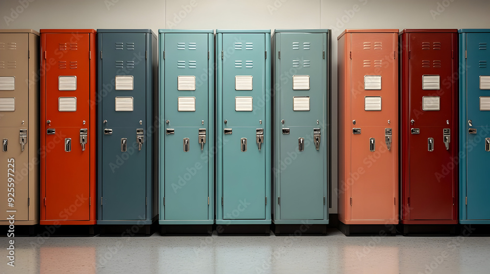 A row of colorful school lockers in a hallway. A row of colorful school lockers in a hallway.