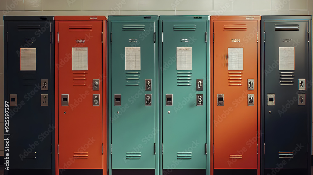 A row of colorful school lockers in a hallway. A row of colorful school lockers in a hallway.