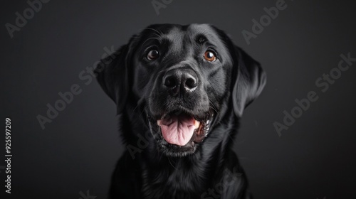 A joyful black labrador retriever with a happy expression. The dog’s shiny coat gleams against a dark background. This captivating portrait highlights loyalty and companionship. AI