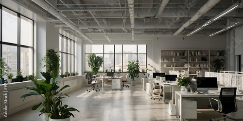 Interior modern office, large hall of a new design company office full of equipment like computers, tables, desks, chairs and plants