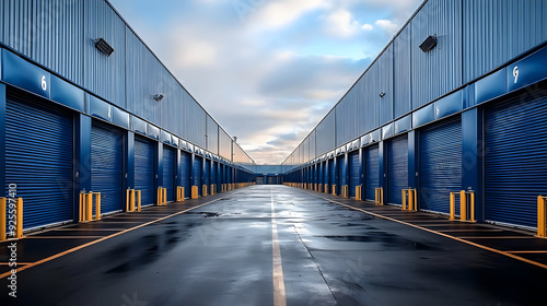 A row of storage units with blue doors and a reflective surface.