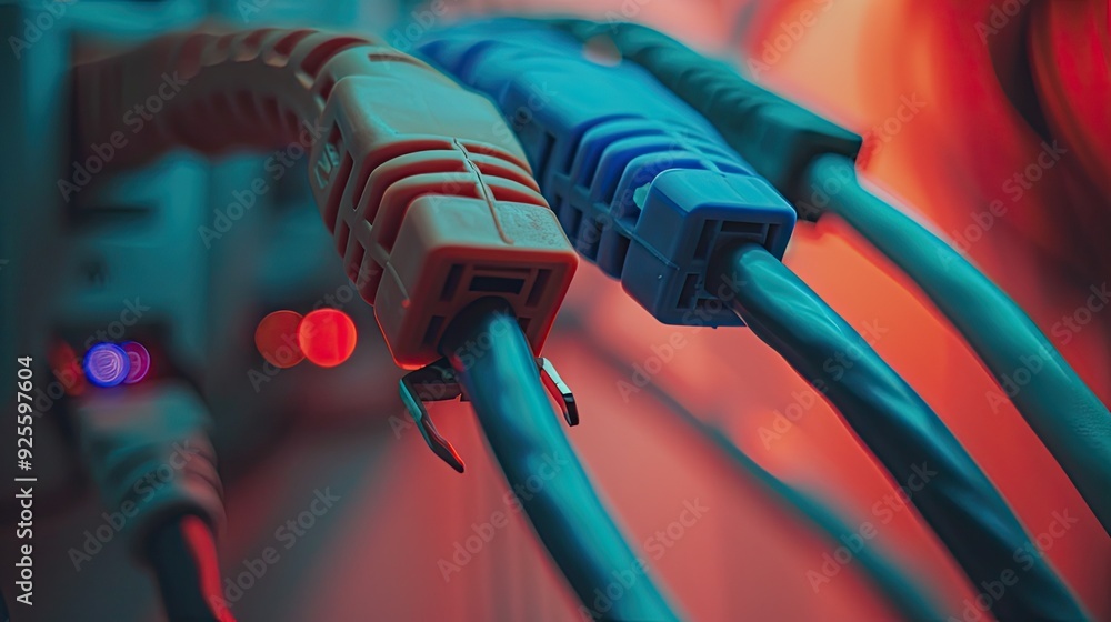 Close-Up of Plugged-In Cables Against a Red and Blue Background Close-Up of Plugged-In Cables Against a Red and Blue Background