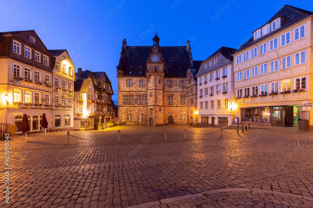 Night medieval Old Town Hall square with half-timbered houses, Marburg an der Lahn, Hesse, Germany Night medieval Old Town Hall square with half-timbered houses, Marburg an der Lahn, Hesse, Germany