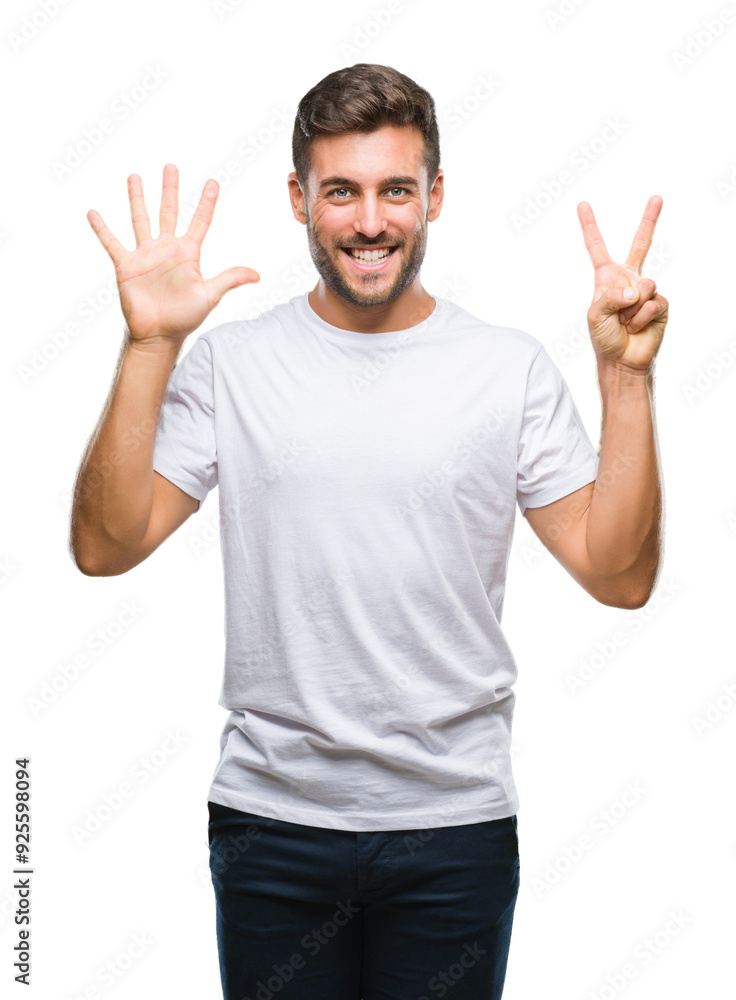 Young handsome man over isolated background showing and pointing up with fingers number seven while smiling confident and happy. Young handsome man over isolated background showing and pointing up with fingers number seven while smiling confident and happy.