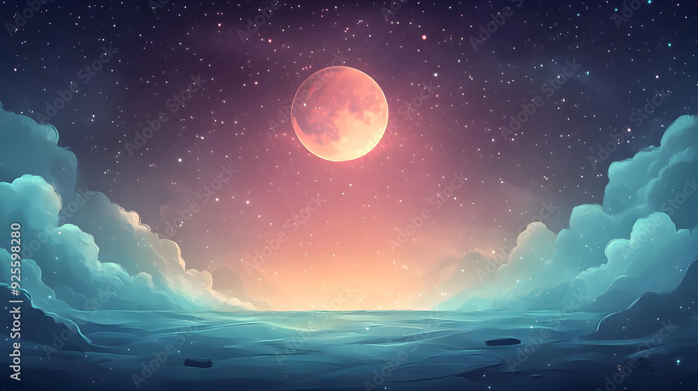 Fototapeta premium A serene digital landscape featuring a large moon over a tranquil sea at twilight.