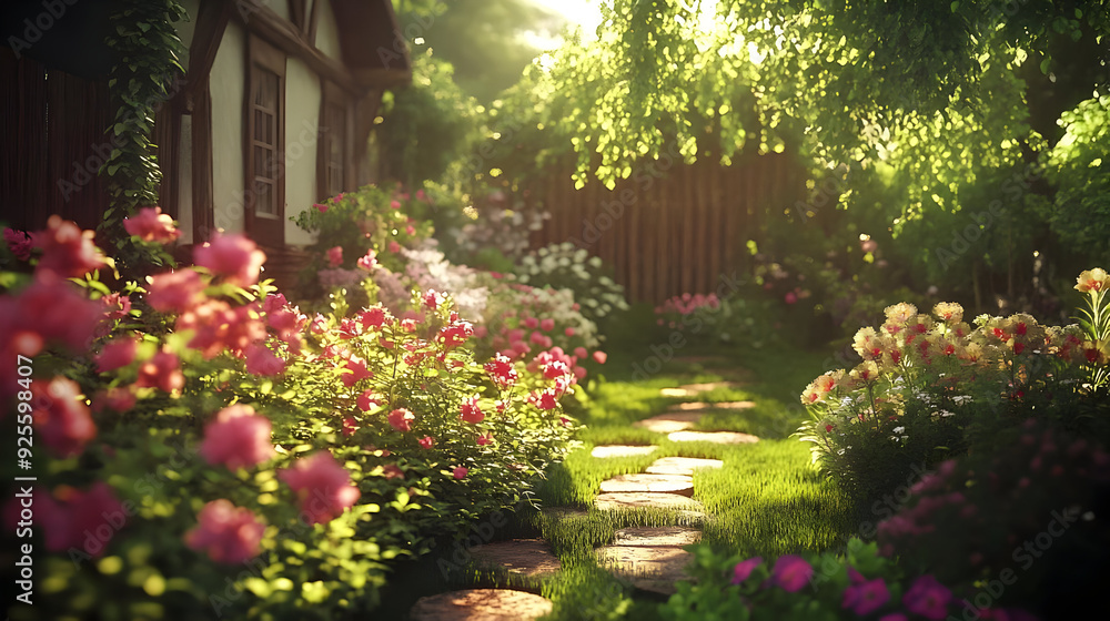 A serene garden path surrounded by vibrant flowers and lush greenery. A serene garden path surrounded by vibrant flowers and lush greenery.
