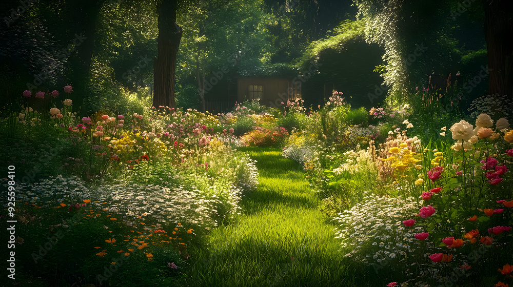 A serene garden path surrounded by vibrant flowers and greenery. A serene garden path surrounded by vibrant flowers and greenery.
