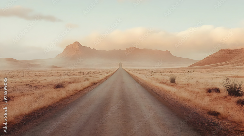 Naklejka premium A serene road stretching through a vast, empty landscape.