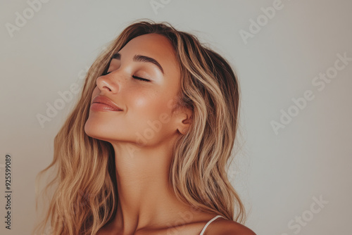 A close up of a woman's face with her eyes closed and long blond hair