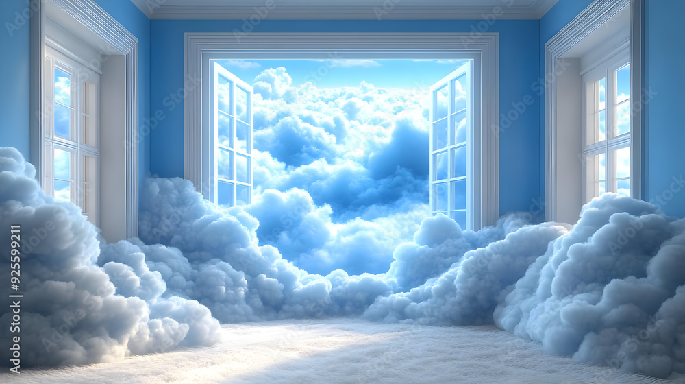 A serene room with open windows revealing fluffy clouds outside. A serene room with open windows revealing fluffy clouds outside.