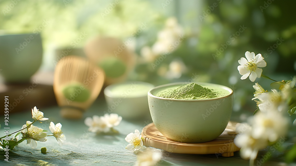 A serene scene featuring matcha tea and floral accents. A serene scene featuring matcha tea and floral accents.