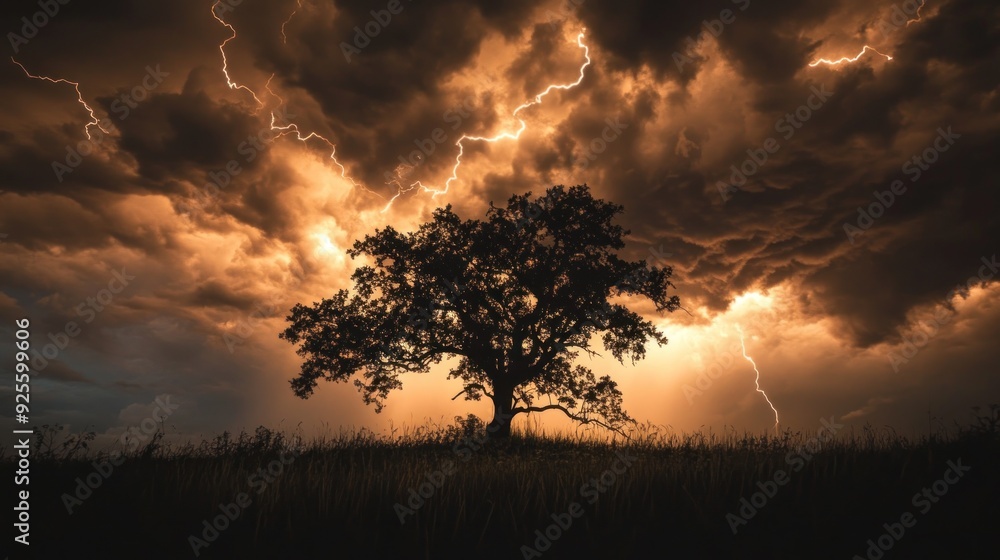 Lightning Strike Over a Lone Tree