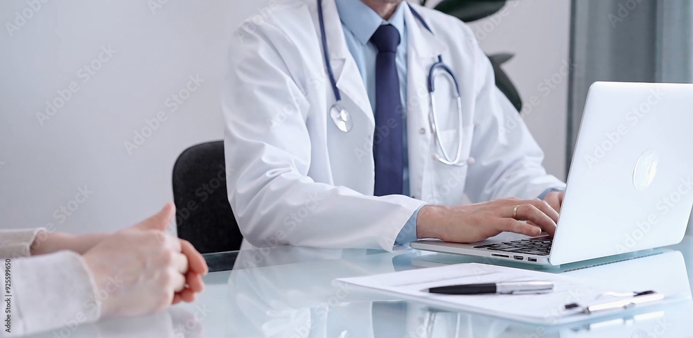 Doctor is consulting patient in modern fair clinic. Healthcare professional is using laptop computer with a woman, gesturing above the glass desk. Medicine Doctor is consulting patient in modern fair clinic. Healthcare professional is using laptop computer with a woman, gesturing above the glass desk. Medicine