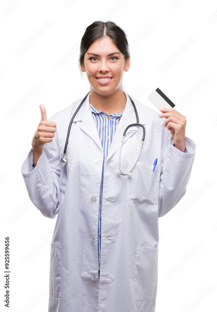 Young hispanic doctor woman holding credit card happy with big smile doing ok sign, thumb up with fingers, excellent sign Young hispanic doctor woman holding credit card happy with big smile doing ok sign, thumb up with fingers, excellent sign