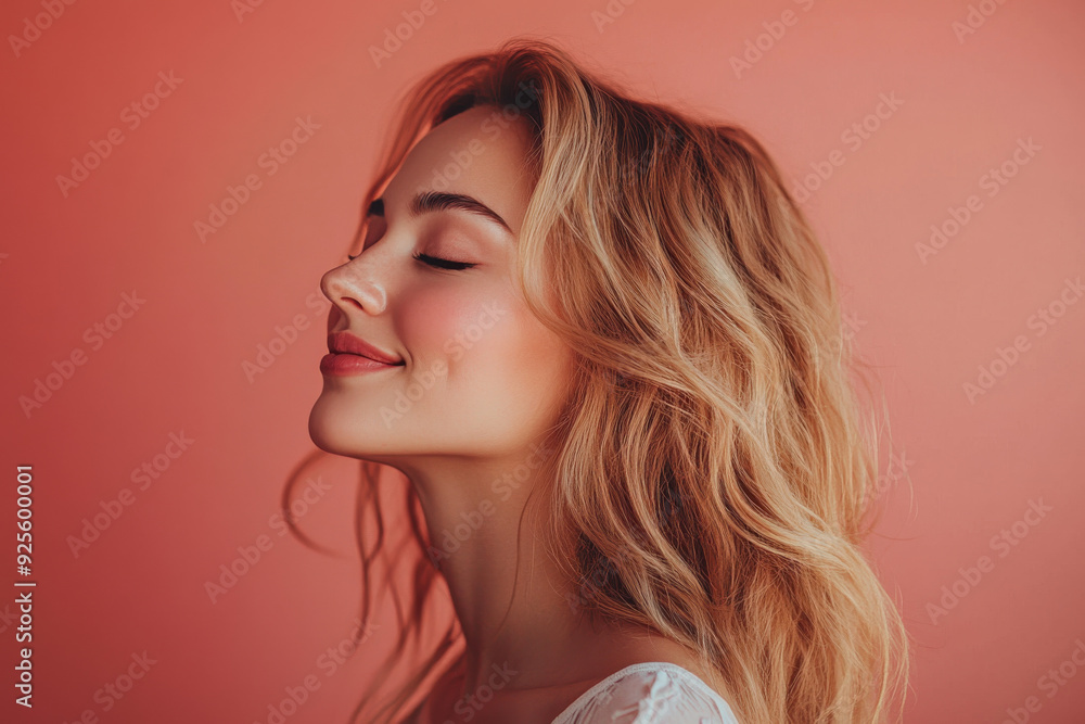 A close up of a woman's face with her eyes closed and long blond hair A close up of a woman's face with her eyes closed and long blond hair