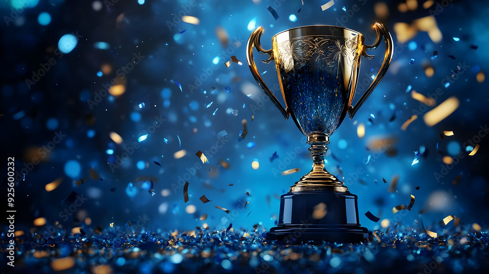 A shiny trophy surrounded by blue and gold confetti. A shiny trophy surrounded by blue and gold confetti.