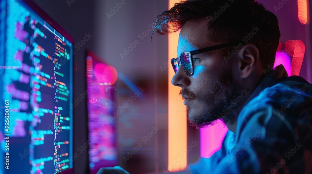 IT Specialist Programming on a Personal Computer with Coding Language Displayed, Background Shows Data Center with Professionals Working IT Specialist Programming on a Personal Computer with Coding Language Displayed, Background Shows Data Center with Professionals Working