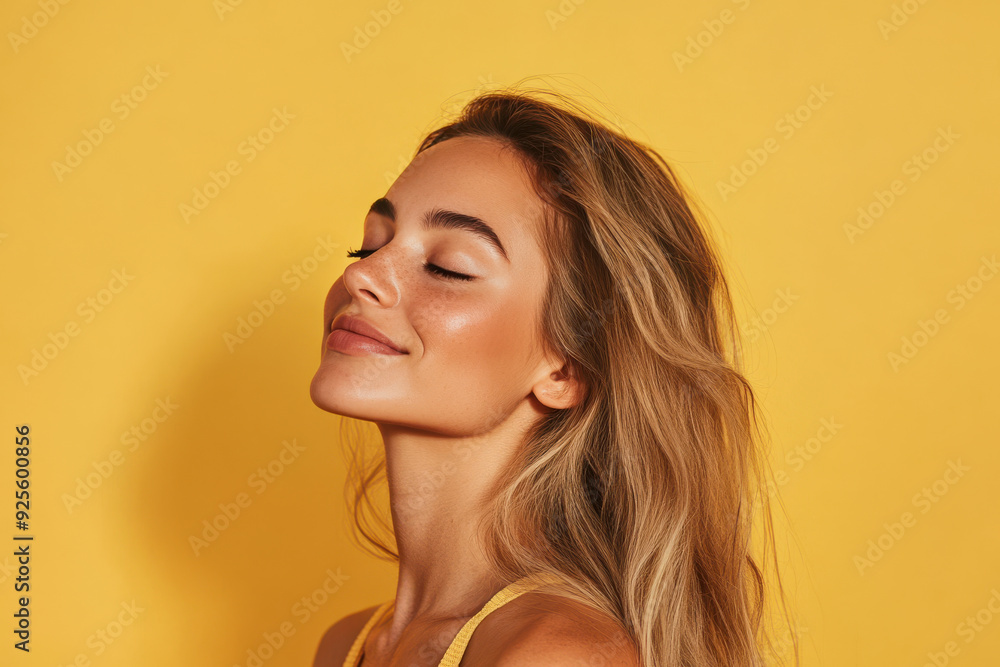 A close up of a woman's face with her eyes closed and long blond hair A close up of a woman's face with her eyes closed and long blond hair