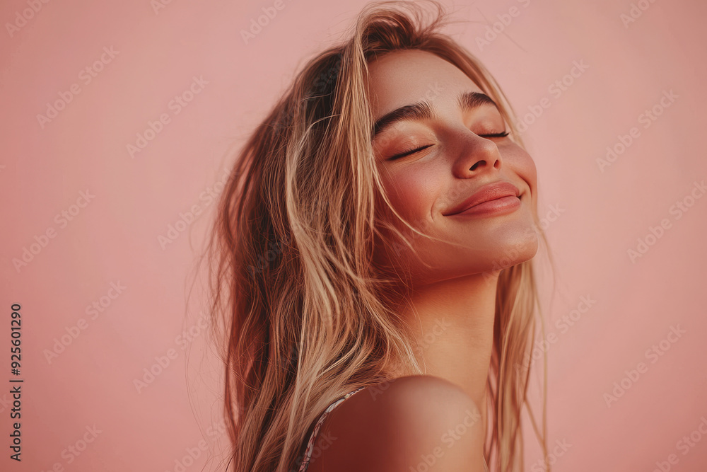 A close up of a woman's face with her eyes closed and long blond hair