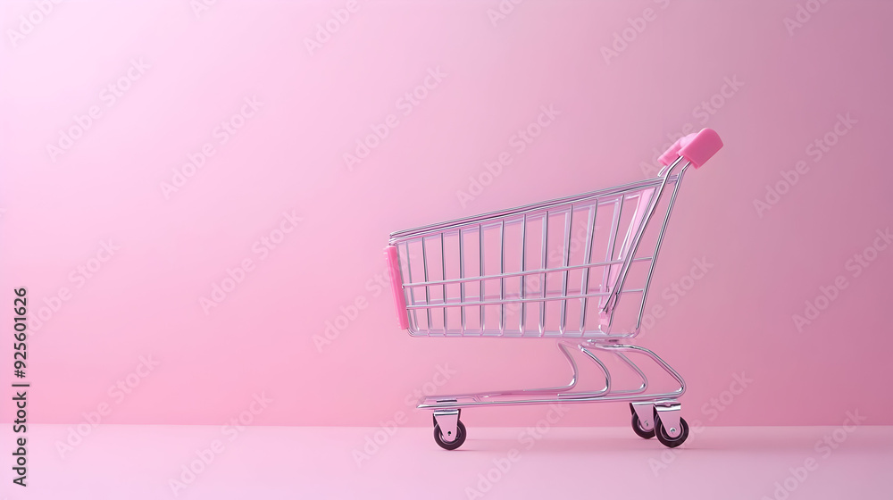 A small shopping cart on a pink background, symbolizing retail. A small shopping cart on a pink background, symbolizing retail.