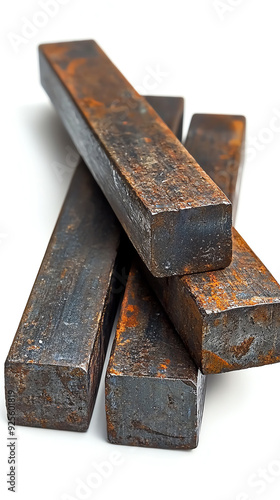 Stack of rusted metal bars with rough texture against a white background, showcasing industrial material and corrosion.