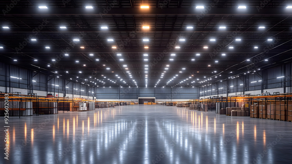 A spacious industrial warehouse with bright lighting and organized storage areas. A spacious industrial warehouse with bright lighting and organized storage areas.