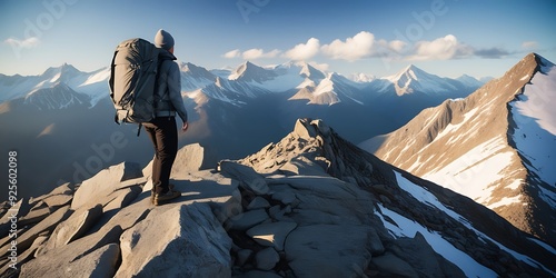 A climber on the top of mountain peak, mountains covered in snow