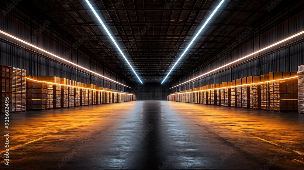 A spacious warehouse with illuminated aisles and stacked pallets. A spacious warehouse with illuminated aisles and stacked pallets.