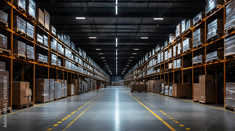 A spacious warehouse with stacked pallets and boxes, designed for storage and logistics. A spacious warehouse with stacked pallets and boxes, designed for storage and logistics.