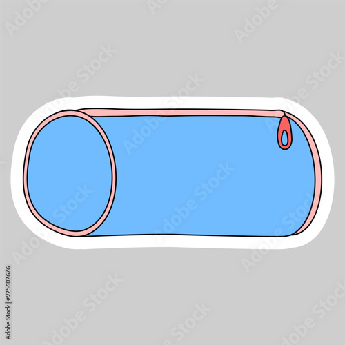 Sticker with blue cylinder pencil case, doodle style vector