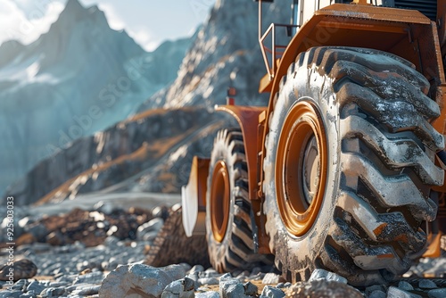 Yellow excavator digs earth with massive shovel on construction siteYellow excavator digs earth with massive shovel on construction site photo