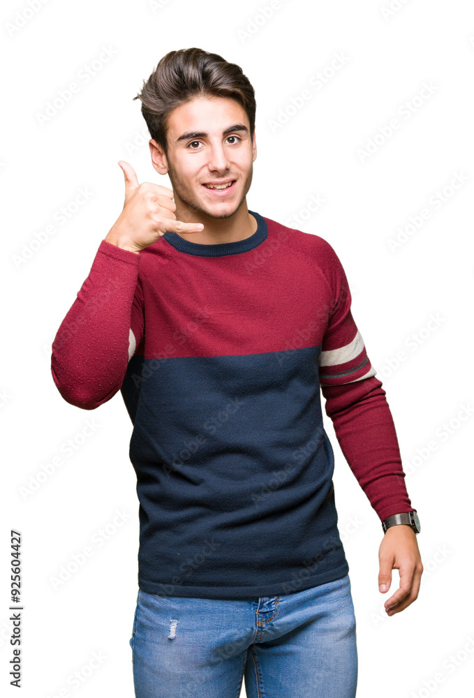 Young handsome man over isolated background smiling doing phone gesture with hand and fingers like talking on the telephone. Communicating concepts. Young handsome man over isolated background smiling doing phone gesture with hand and fingers like talking on the telephone. Communicating concepts.